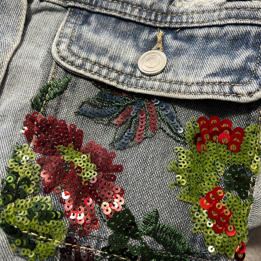 VEVERET gorgeous jean jacket sheer sequin back distressed detail size S M L - Picture 7 of 9